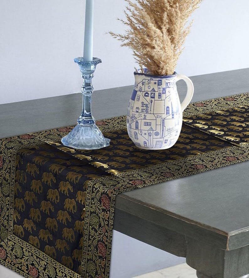 Image of Living Room Decor Handmade Banarasi Silk Table Runner for Center /Dining Table (16 x 60 Inches) (Heavy Zari Brocade ) (Black)