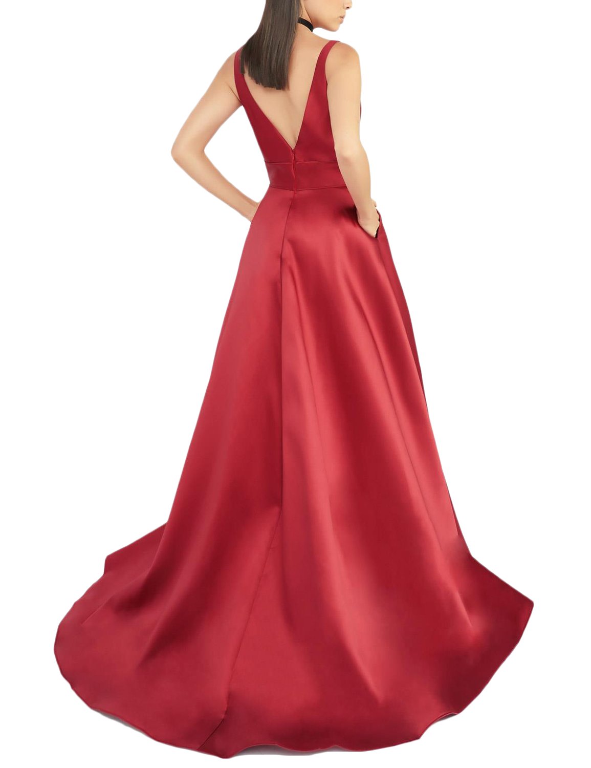 Vestido largo de graduación con bolsillos de satén con cuello en V profundo con inserto transparente sin espalda E158