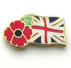 POPPY AND UNION JACK FLAG ENAMEL LAPEL BADGE - Remembrance Day, UK Seller