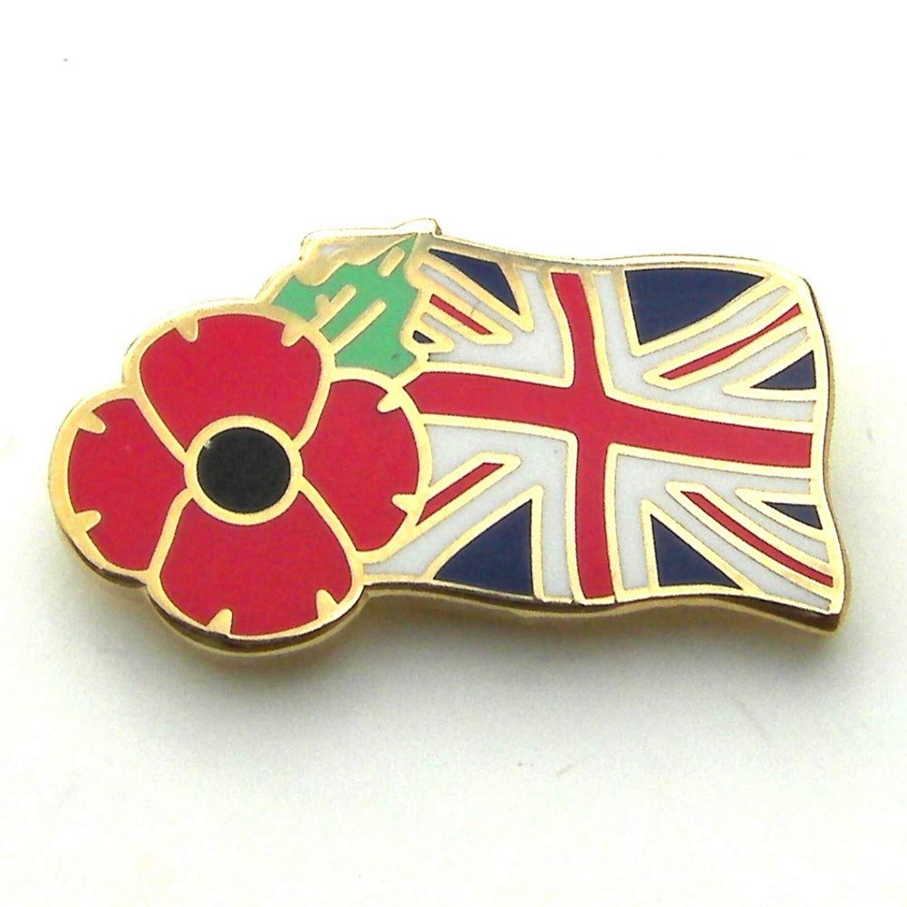 Senlak Men's Gold Poppy And Union Jack Flag Enamel Lapel Badge - Remembrance Day, Uk Seller