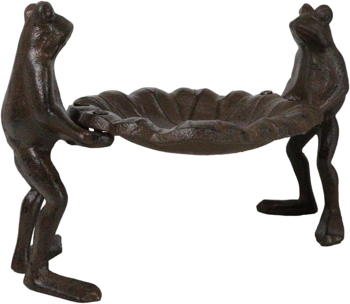 Ebros Gift Cast Iron Metal Rustic Whimsical Garden 2 Toad Frogs Holding Lily Pad Water Lily Leaf Bird Feeder Or Bath Sculpture Patio Outdoors Decor