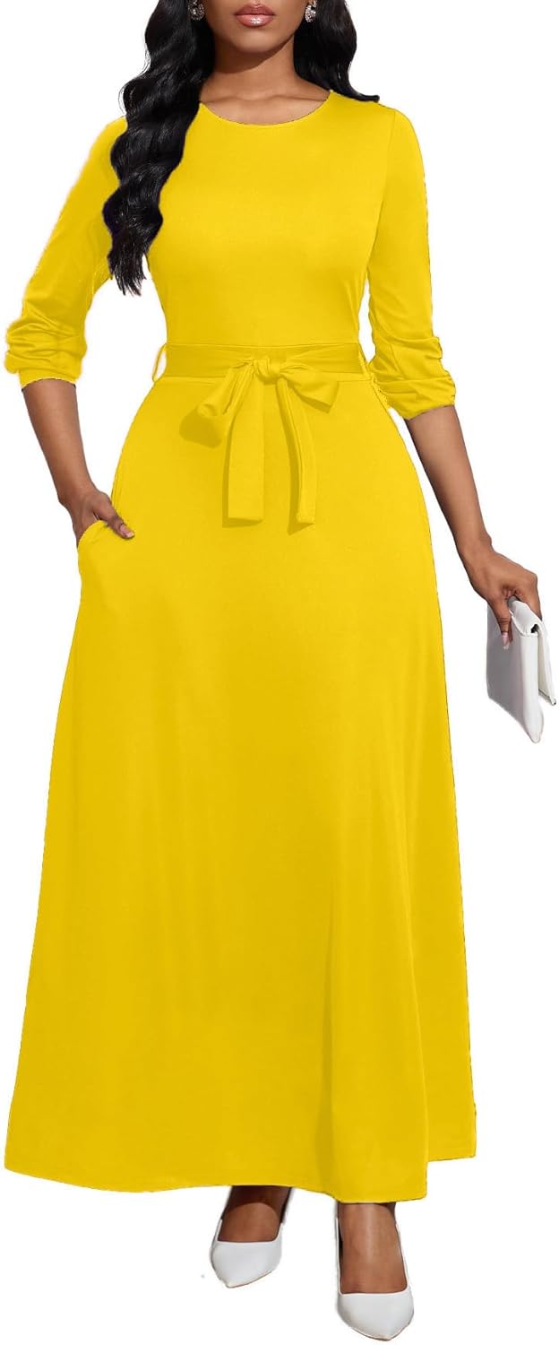 Long Dress for Women Casual Long Sleeve Dresses Maxi Dress Empire Waist Loose with Belt - Image 2