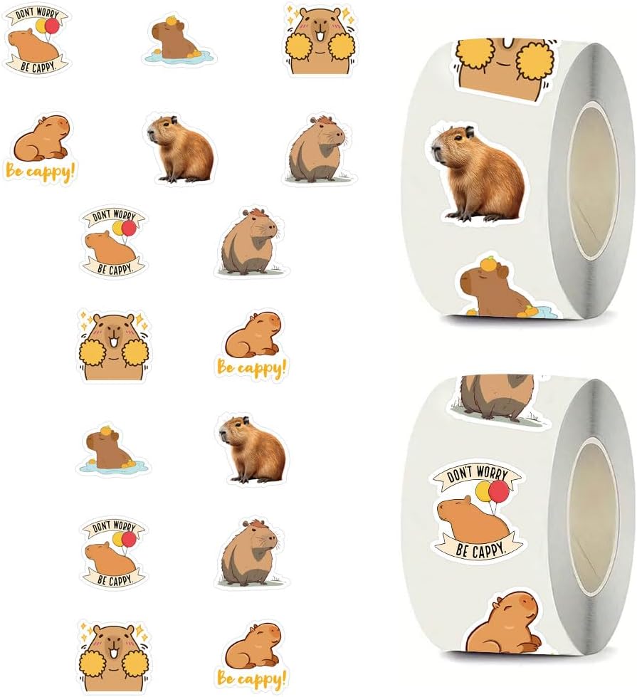 500pcs Capybara Stickers Rolls Self Adhesive Seals, Cute Cartoon Aesthetic 1.5 Inch Labels with 8 Patterns Decal for Scrapbooking Cards Envelopes Water Bottles，for Birthday Party Supply