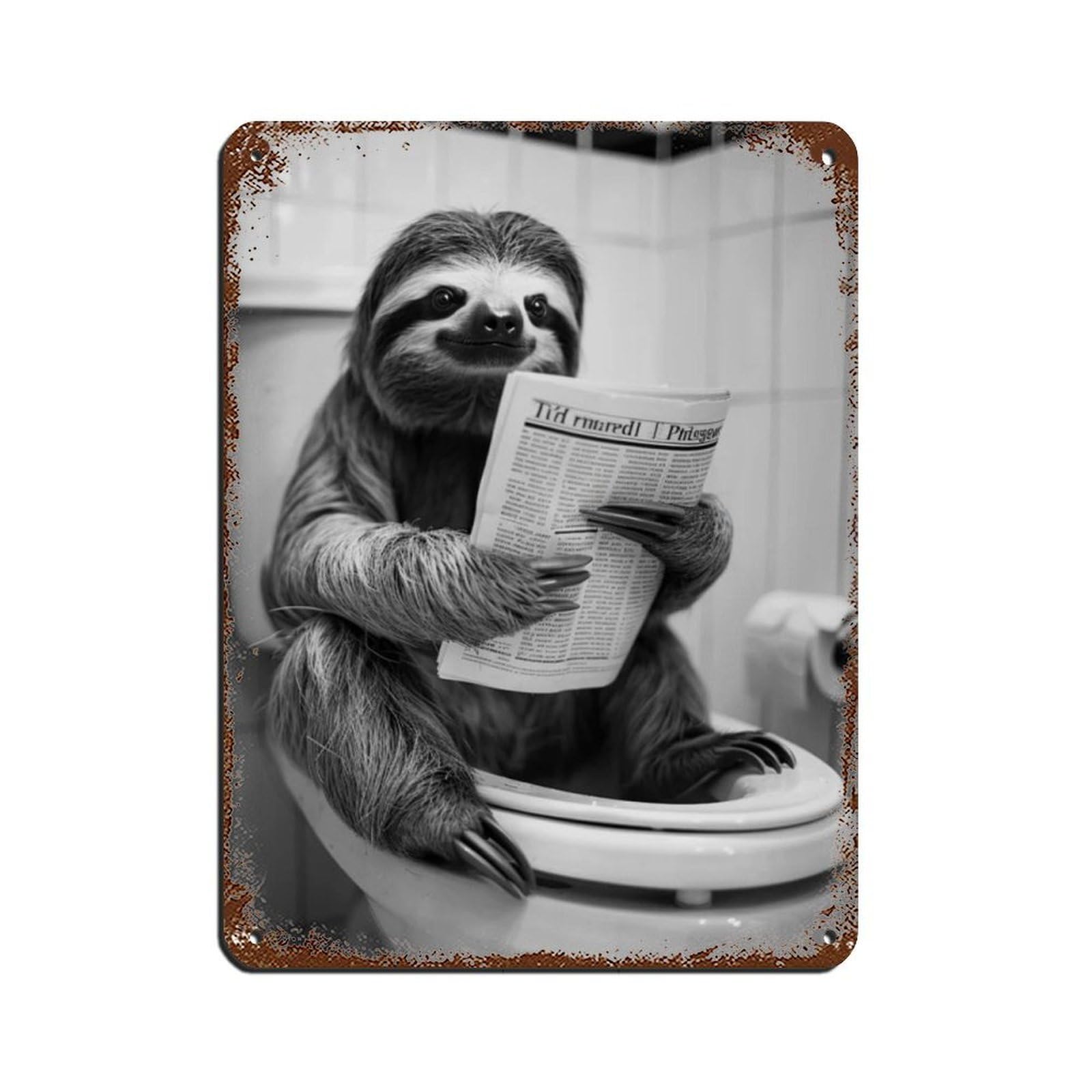 Lxwnze 30L X 40W Cm Sloth Sitting On The Toilet Reading A Newspaper (2) Tin Sign Vintage Metal Pub Club Cafe Bar Home Wall Art Decoration Poster Retro 12X16inch(30X40cm)