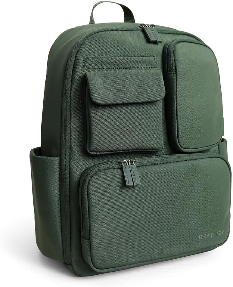 Itzy Ritzy Utility Diaper Bag Backpack – Features 17 Pockets (Including 2 Insulated Bottle Holders) & Trolley Sleeve and Includes Stroller Straps & Changing Pad – Part of the Belong Collection (Green)