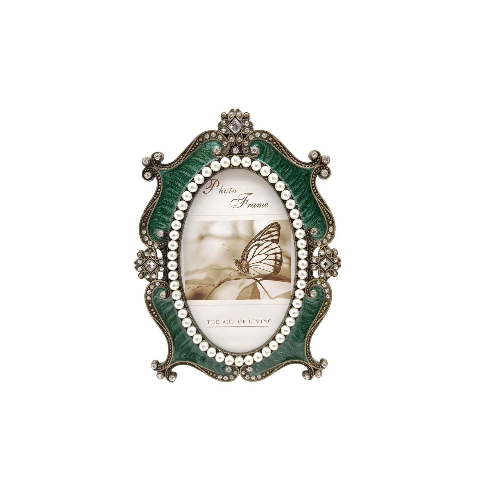 Tsophreniq Antique Metal Photo Frame with Crystal and Pearls Accent for Oval Pictures Holder Home Tabletop Shelf Decors Accent for Oval Pictures Holder Home Tabletop Shelf Decors