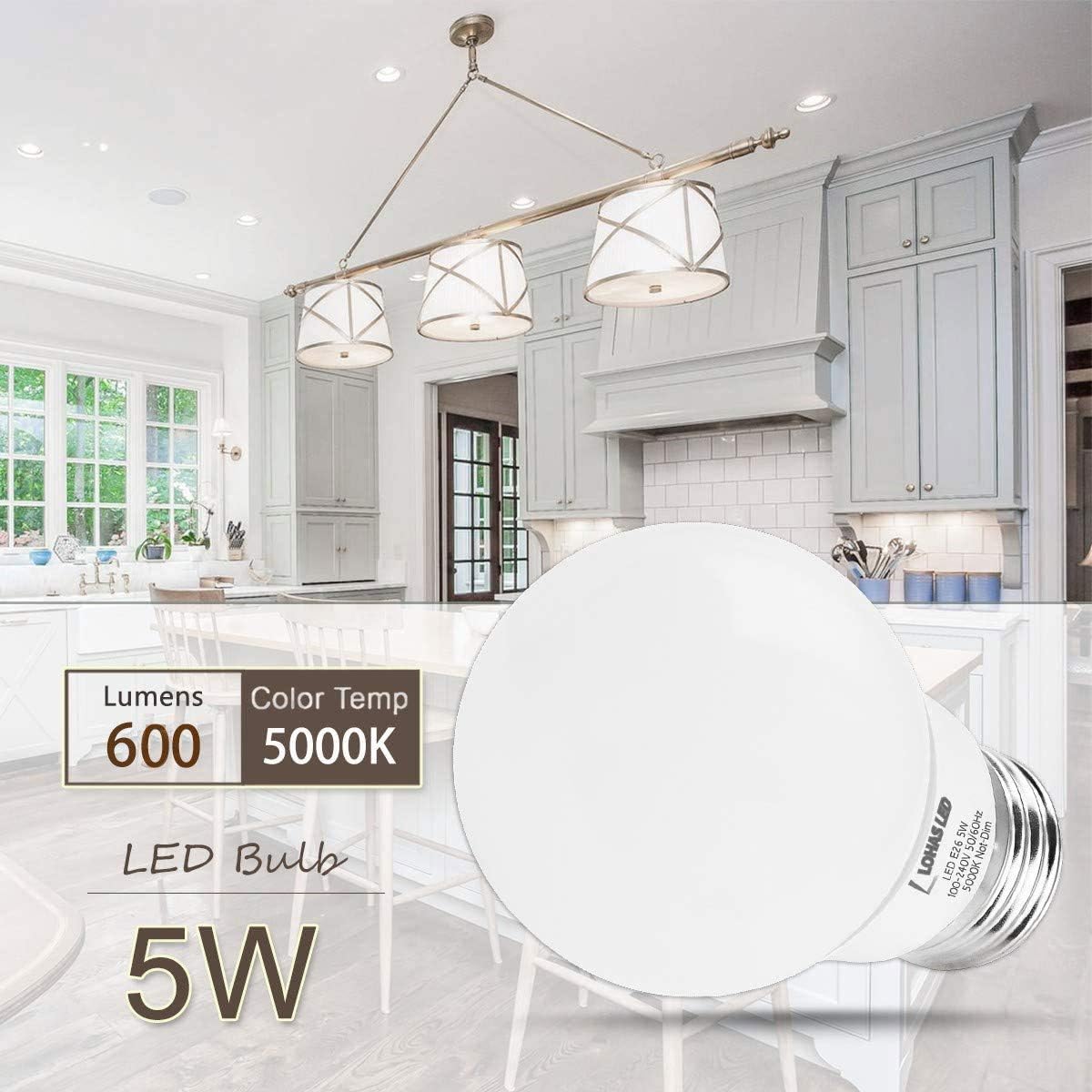 LOHAS A15 Light Bulb, Led 40 Watt Equivalent 120V Bulbs, Daylight 5000K Led Lights, E26 Medium Base, Small for Refrigerator Bulb, Home Bulb Ceiling Fans Bedroom Kitchen Lighting, Not-Dim,6 Pack
