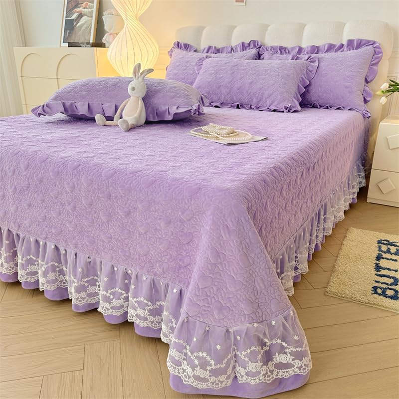 Miniatura 3 de Zhiyuan Colcha de forro polar de terciopelo con volantes de encaje ligero acolchado con corazón, solo para cama de invierno, Queen, lila