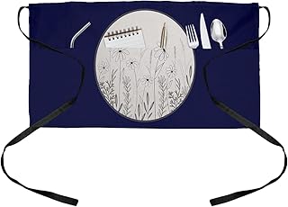 OComster Spring Floral Waist Server Aprons, Hand Draw Flower Round Retro Burlap Waitress Apron with Pockets, Waiter Apron