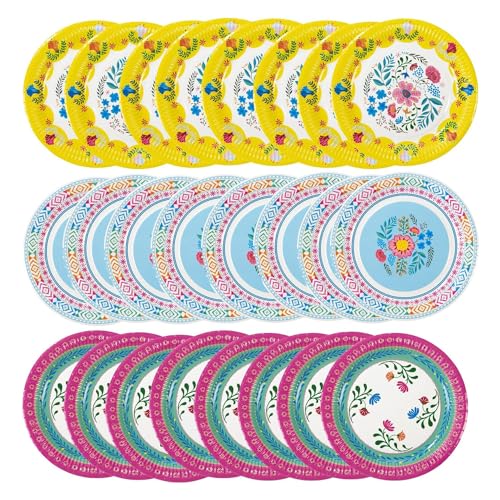 Talking Tables Platos de papel florales de colores bohemios, paquete de 24 vajilla desechable para decoración de fiesta de cumpleaños de niños, temática hawaiana, picnic de verano, barbacoa, 23 cm,