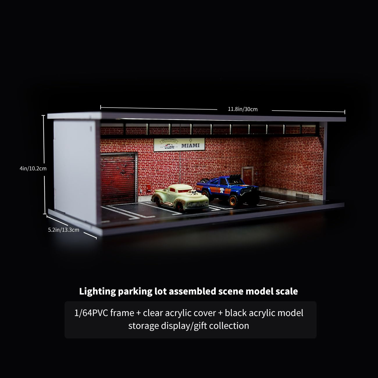Display Case für Hot Wheels, Diorama 1/64 Skala Auto Garage Modell mit LED-Lichtern und Acrylabdeckung, Stapelbares Auto Parkplatz Modell, Diecast Auto Display Case (Miami)