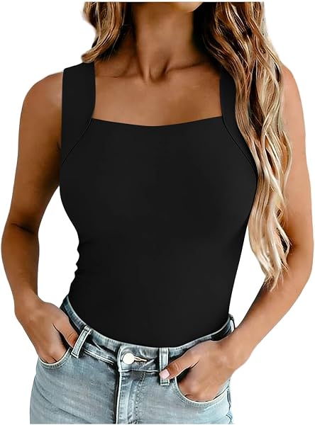 Women's Square Neck Tank Tops Sleeveless Crop Top with Chest Pad Seamless Stretch Cami Tanks Shirts Summer Basic Tight Tees - 1
