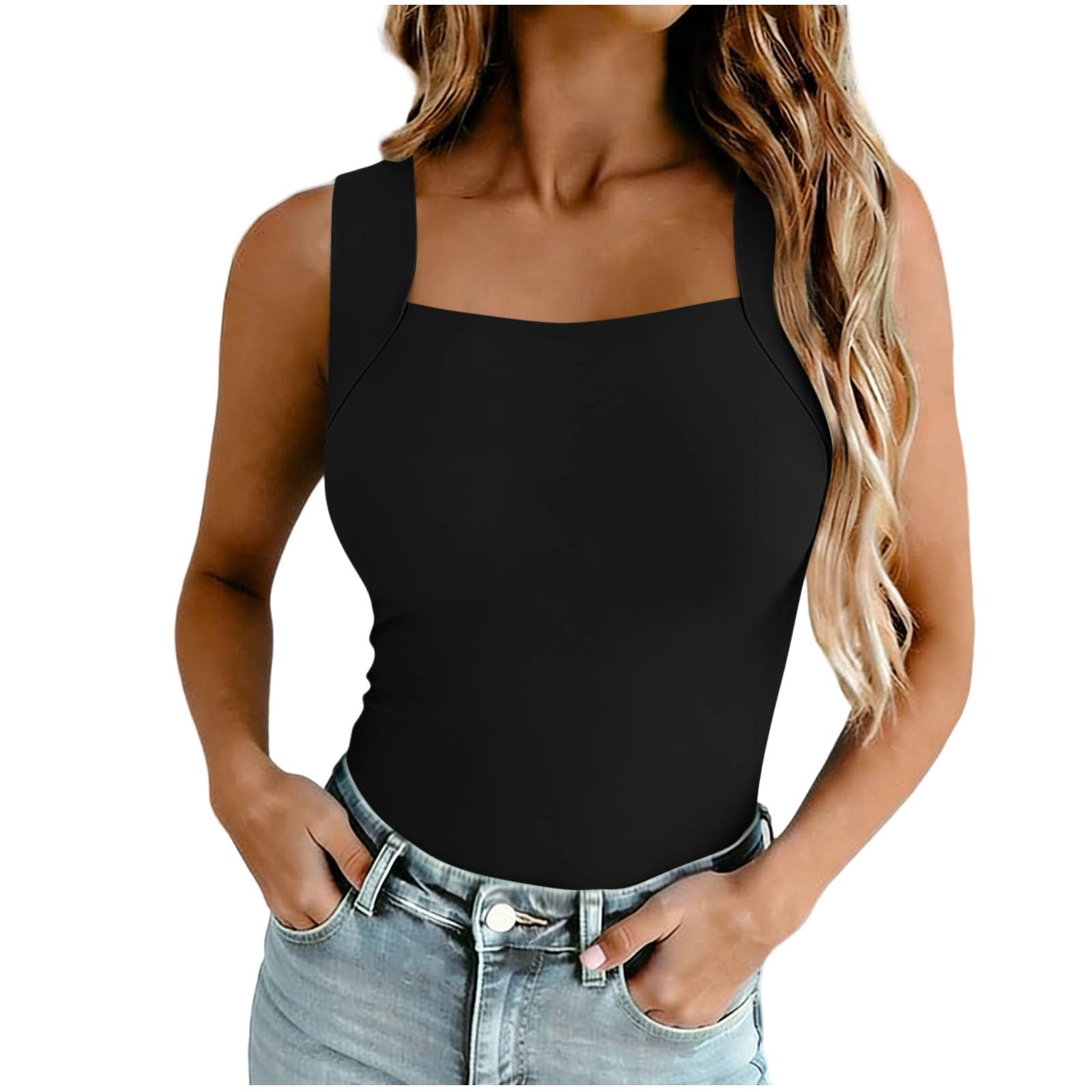 Women's Square Neck Tank Tops Sleeveless Crop Top with Chest Pad Seamless Stretch Cami Tanks Shirts Summer Basic Tight Tees