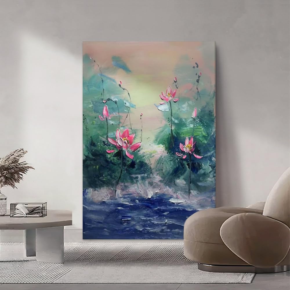Peinture à l'huile fleur de lotus rose, grand tableau moderne décoration murale salon 110x180
