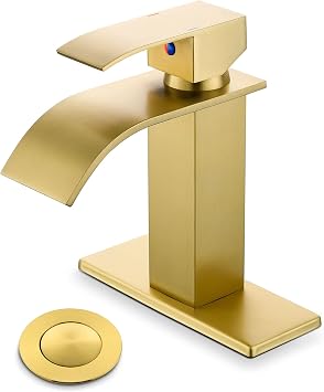 Gold Bathroom Faucet, Waterfall Sink Faucet with Drain for 1 or 3 Hole