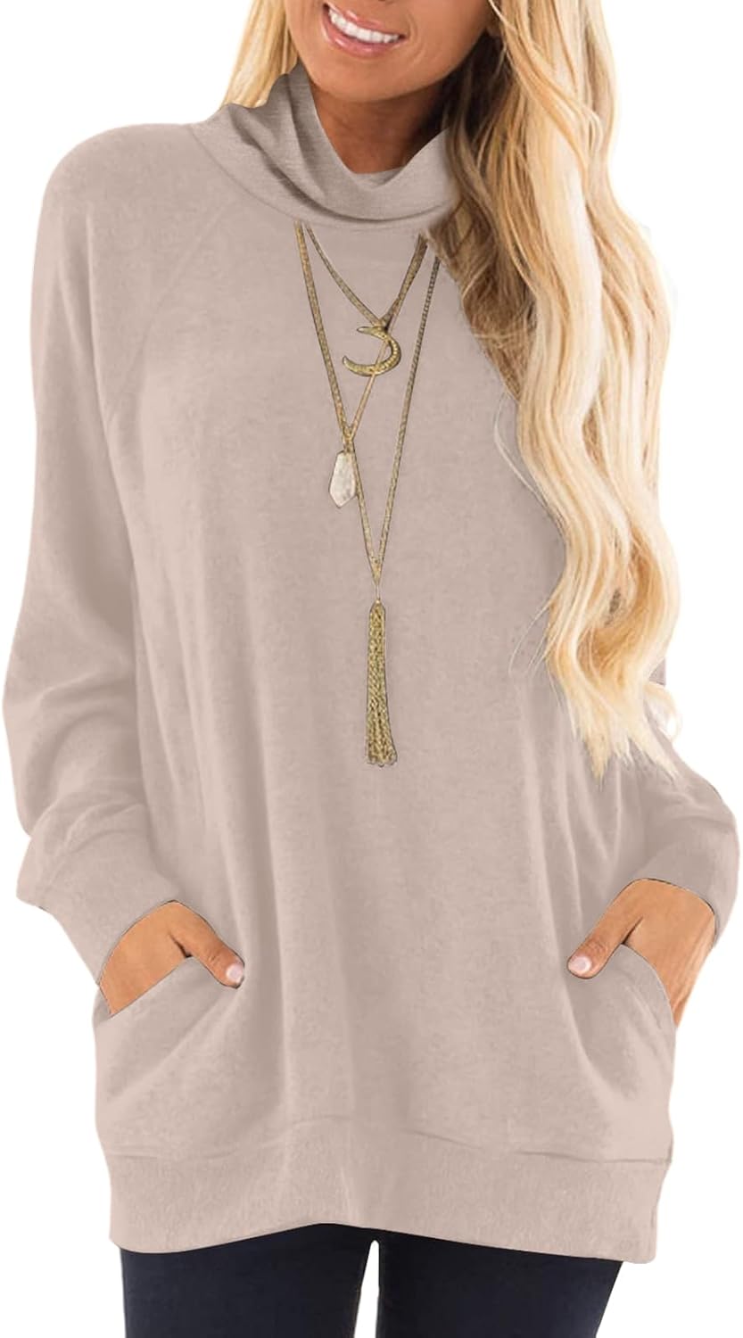 TAKEYAL Turtle Necks Tops for Women Long Sleeve Tunic Shirts Fall Winter Trendy Pullover Sweaters with Pockets