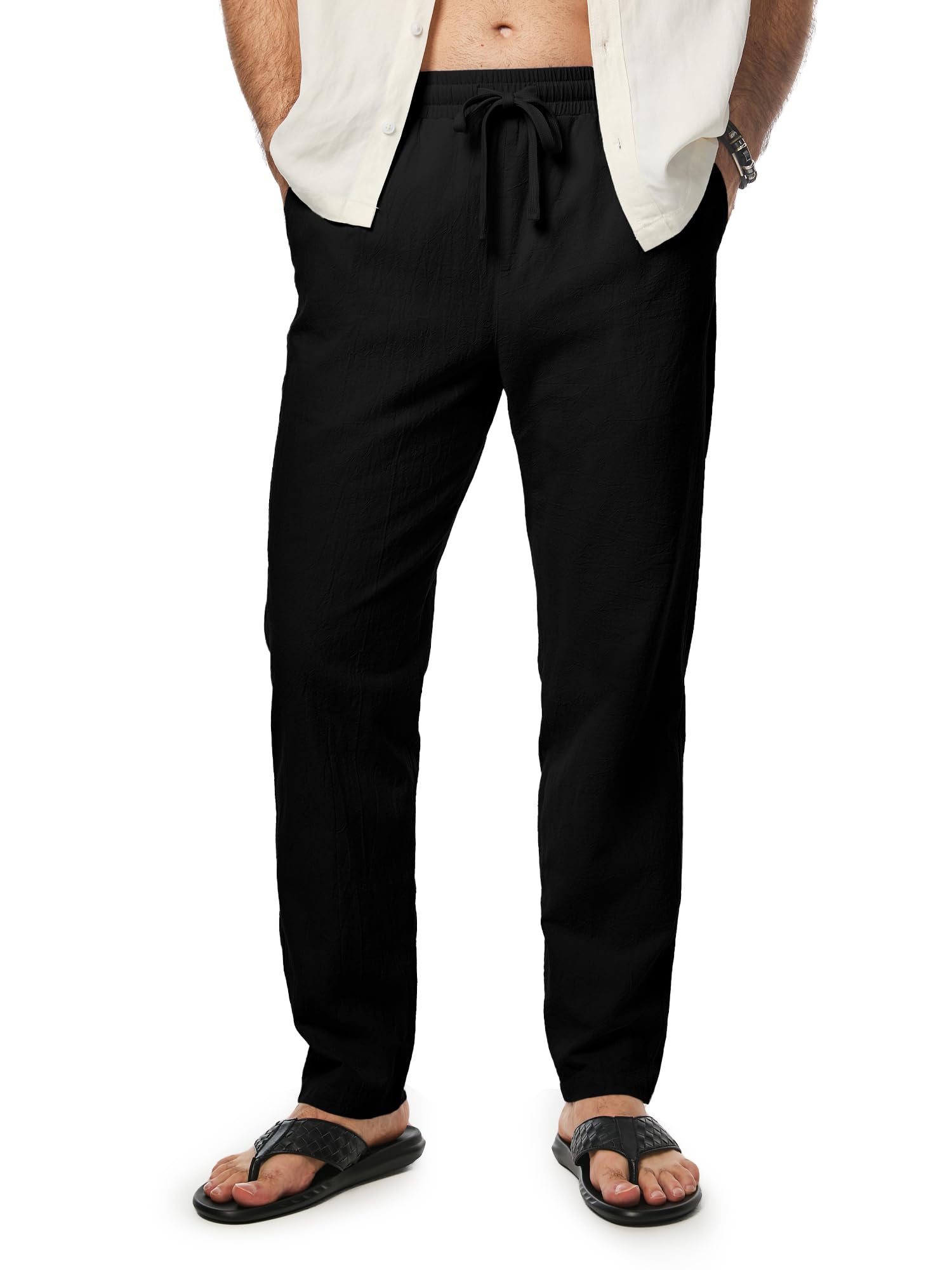 JMIERR Mens 100 Cotton Pants Casual Elastic Waist Drawstring Lightweight Summer Beach Trousers with Pockets