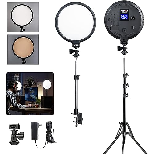 VILTROX VL-300T 8 inch Round LED Video Light Kit, 3300-5600K Bi-Color Dimmable LED Soft Light, Studio Lighting for YouTube Video Shooting w/ AC Adapter, Tripod & C Clamp Stand