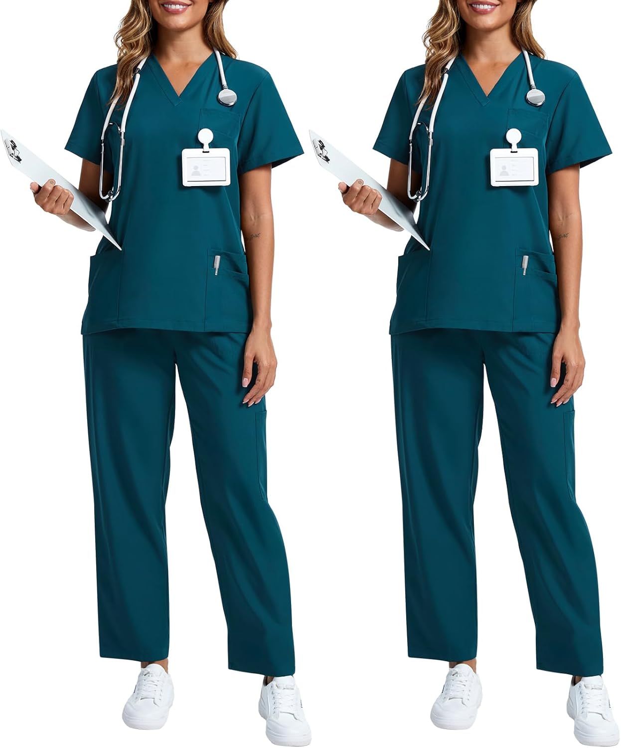 Cutecrop 2 Pack Scrubs for Women Set Stretch V Neck Top and Cargo Pants Scrubs Set with 9 Pockets Medical Uniform Scrubs