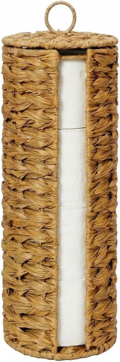 4 Mega Rolls Extra Toilet Paper Storage with Lid and Liner, Water Hyacinth Ratten Toilet Paper Holder Basket Stand, Decorative Boho Covered Enclosed Toilet Tissue Organizer for Bathroom