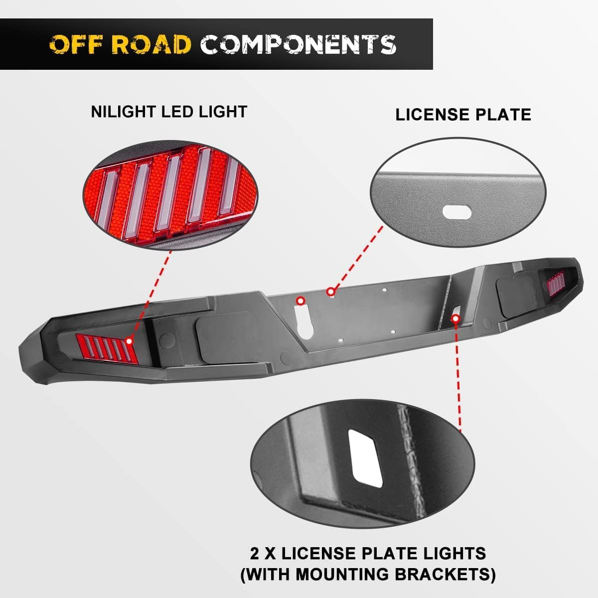 Image showing the rear bumper's integrated NILIGHT LED light and license plate mounting area.