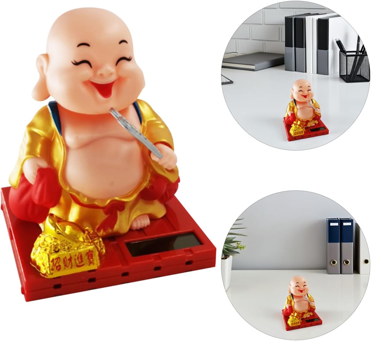 ibasenice Solar Powered Maitreya Buddha Ornament Set of 3 Nodding Head Desktop Decor for Car Dashboard Home Office Chinese Style Statue 3.93 X 9.21 X 3.07 in image 2
