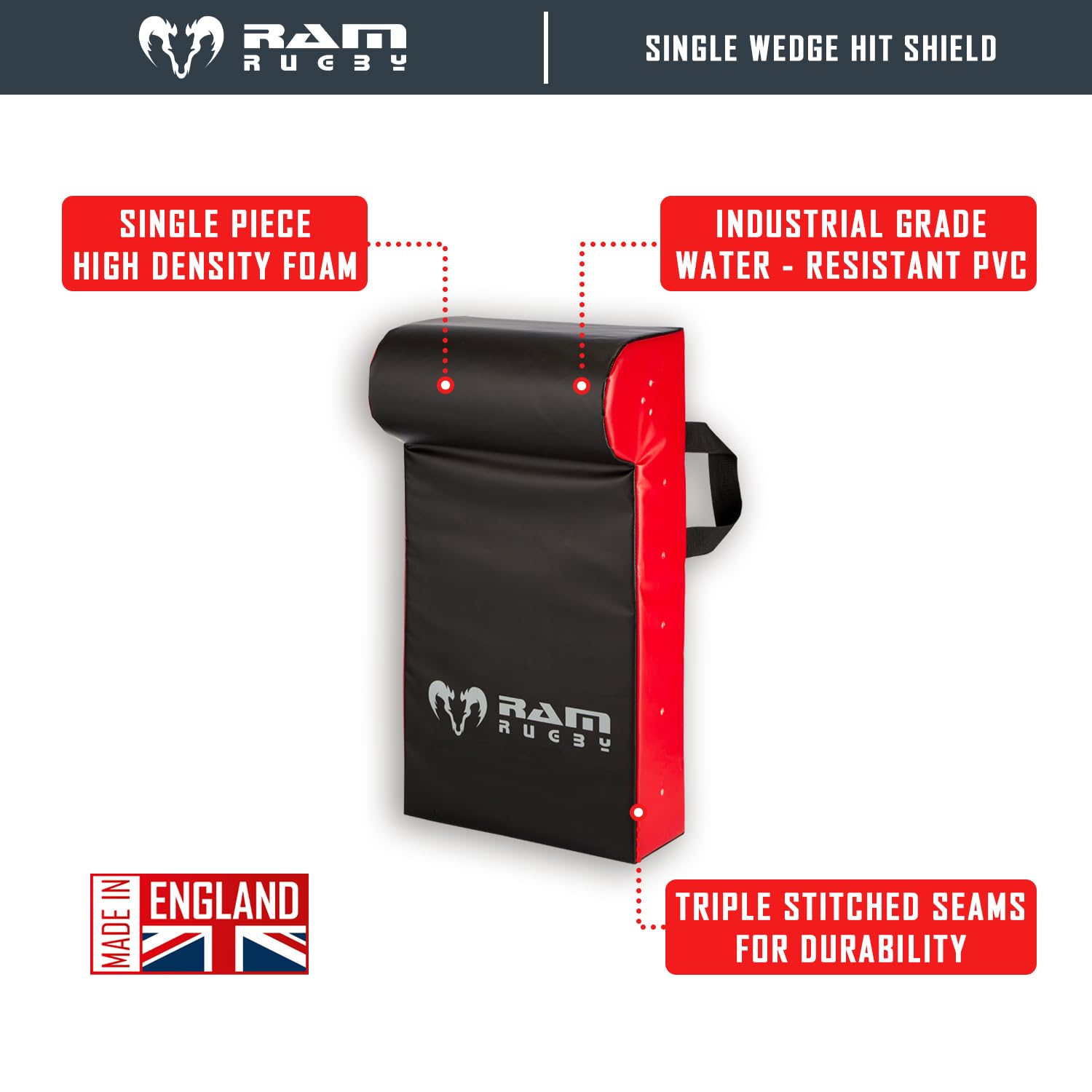 Ram Rugby Single Wedge Hit Shield - Contact Pad - Tackle Shield - Club Quality - Industrial-Grade Water-Resistant PVC - UK Made - Large, Medium or Small - Suitable for Seniors, Juniors & Minis