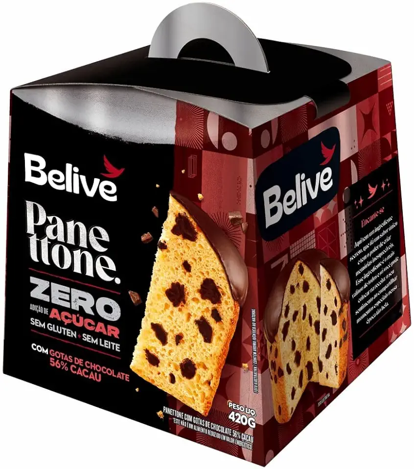 Panetone Sem Açúcar Sem Glúten Sem Leite com Gotas de Chocolate 56% Cacau Belive 420g