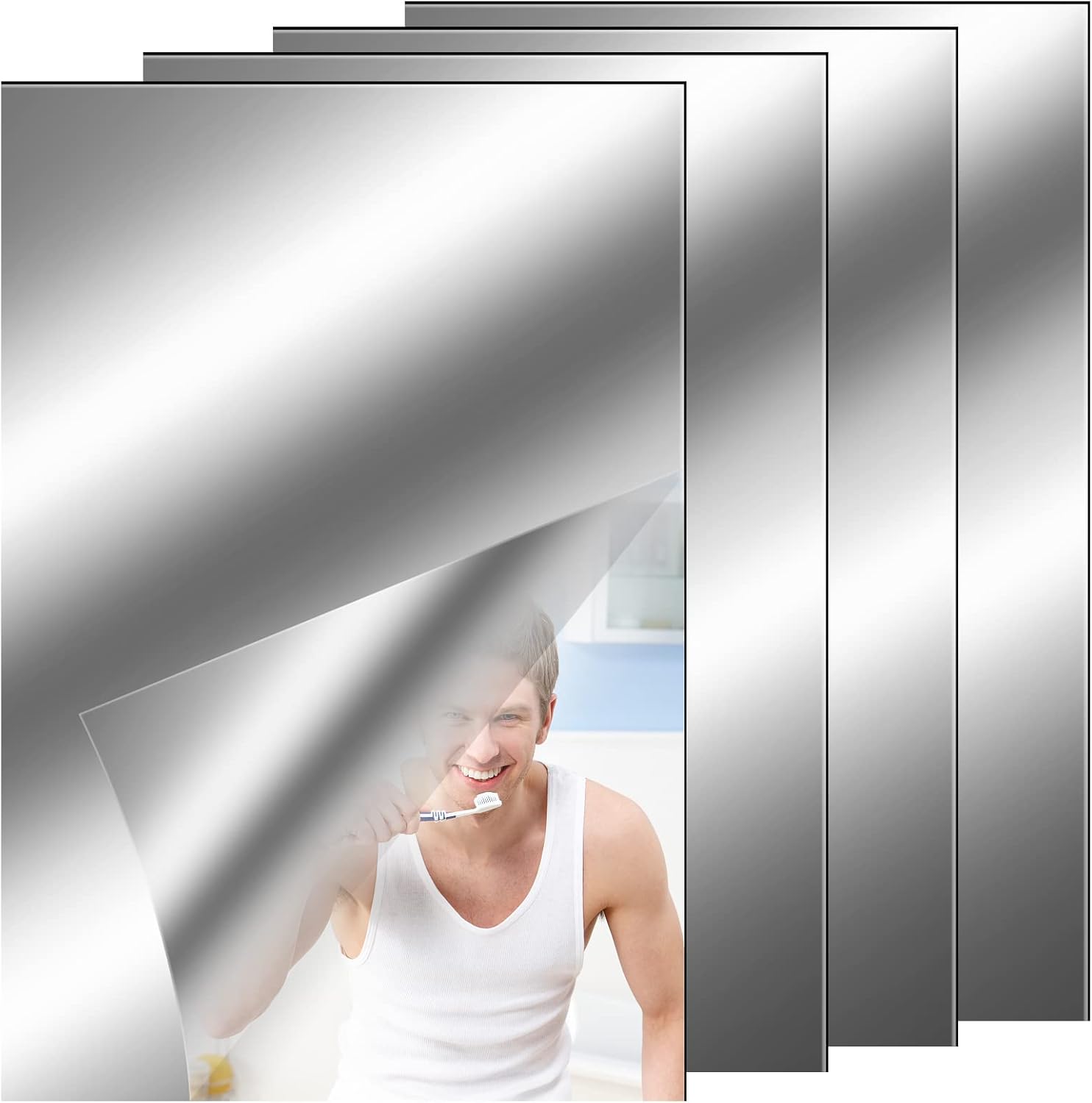 Xinjieda 4 Pcs Mirror Tiles Self Adhesive Acrylic Mirror Sheet, Flexible Mirror Sheets Self