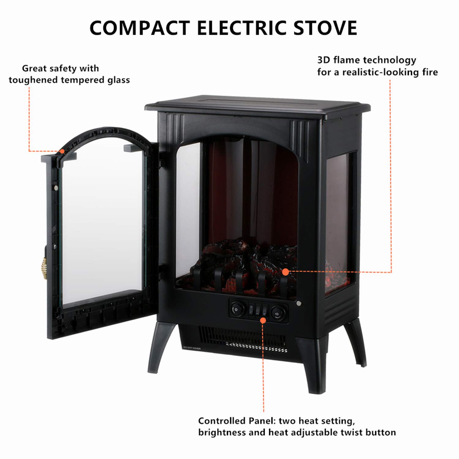GDY Portable Electric Fireplace Stove, Indoor Compact Wood Stove with