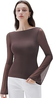 Women Mesh Sheer Bell Sleeve Tops Double Lined Boat Neck Going Out Shirts