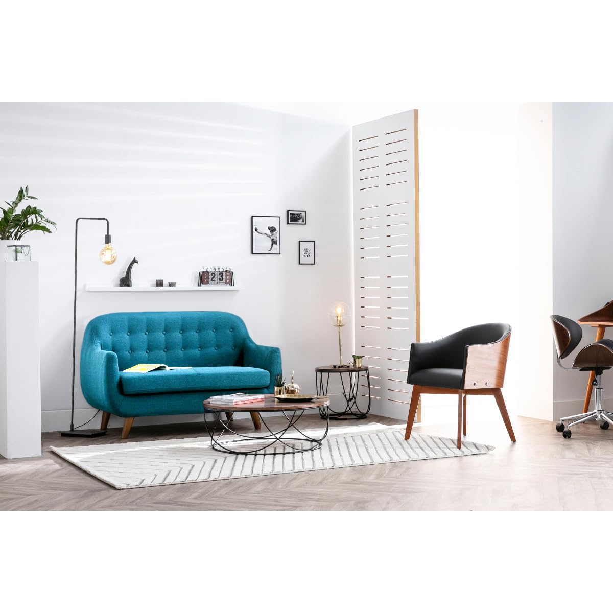 Miliboo YNOK - Sofá Escandinavo Desenfundable (2 Plazas) Muebles de Salon, Sofas Pequeños, Color Azul y Pato y Madera Clara