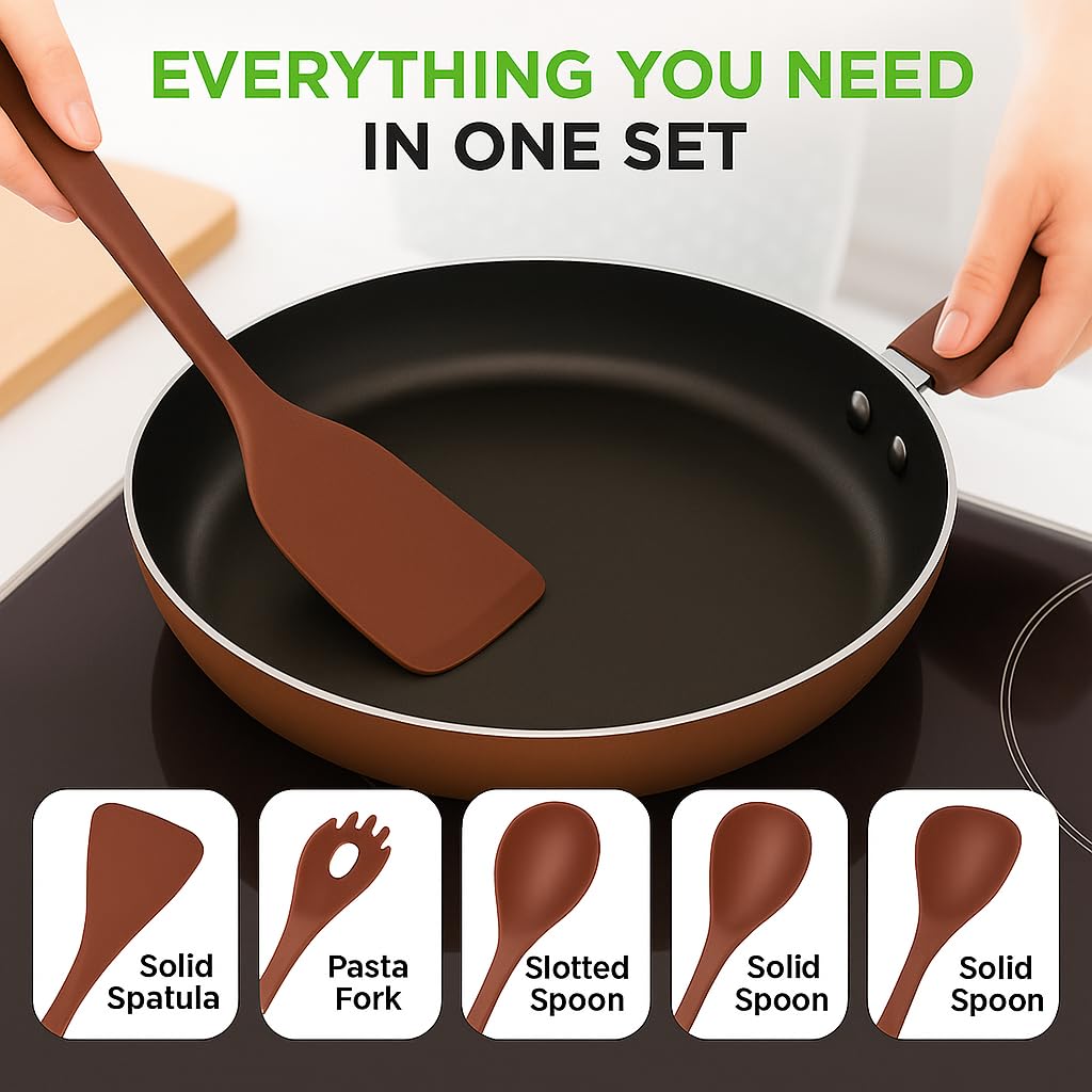 NutriChef Silicone Kitchen Utensils Set - 8-pc Utensil Set with Spatula, Pasta Fork, Solid Spoon, Slotted Spoon & Tool Stand, Heat-Resistant, Food-Grade Safe, Easy-to-Clean, Stackable Design (Brown)