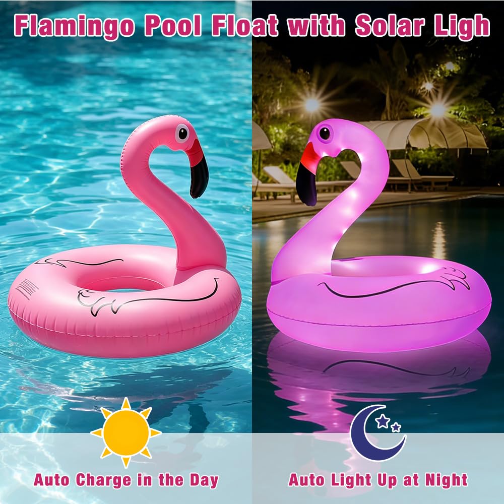 Mineup Bouée Flamant Gonflable avec Lumières Solaires, Bouée Gonflable Flamant Rose, Anneau De Natation Gonflabl en Forme De Flaman Rose pour Adulte pour Piscine, Plage Et Fêtes D’Été (100x90 Cm)