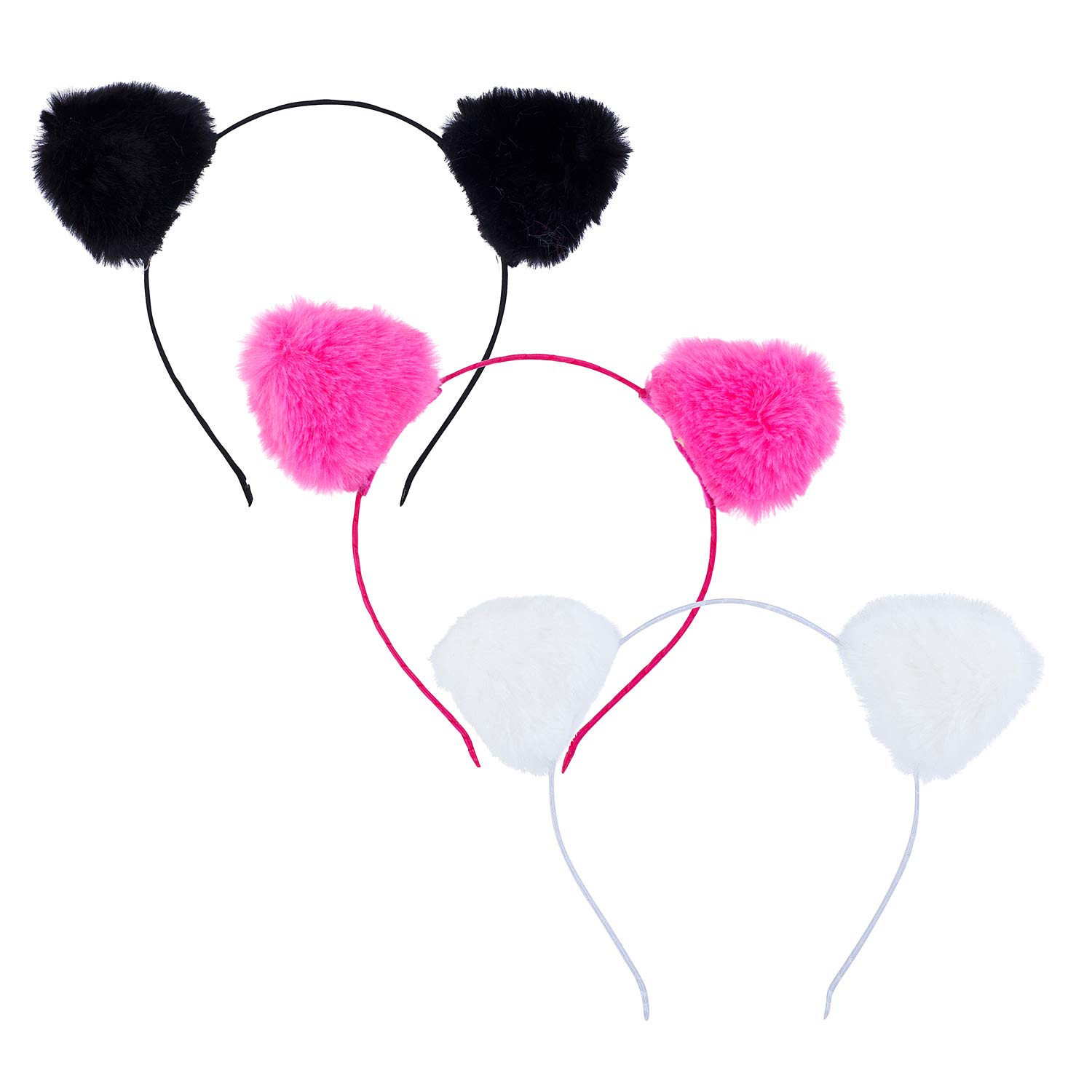 LUX ACCESSORIES Set of 3 Black Fuscia Pink White Furry Cat Ears Fashion Headband, Small