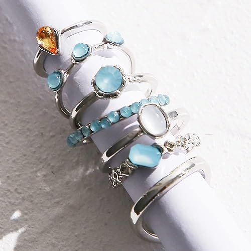 Vista 8 de YOOESTORES82 Juego de anillos bohemios de cristal vintage, anillos de nudillos de diamantes de imitación para mujer, anillos apilables bohemios
