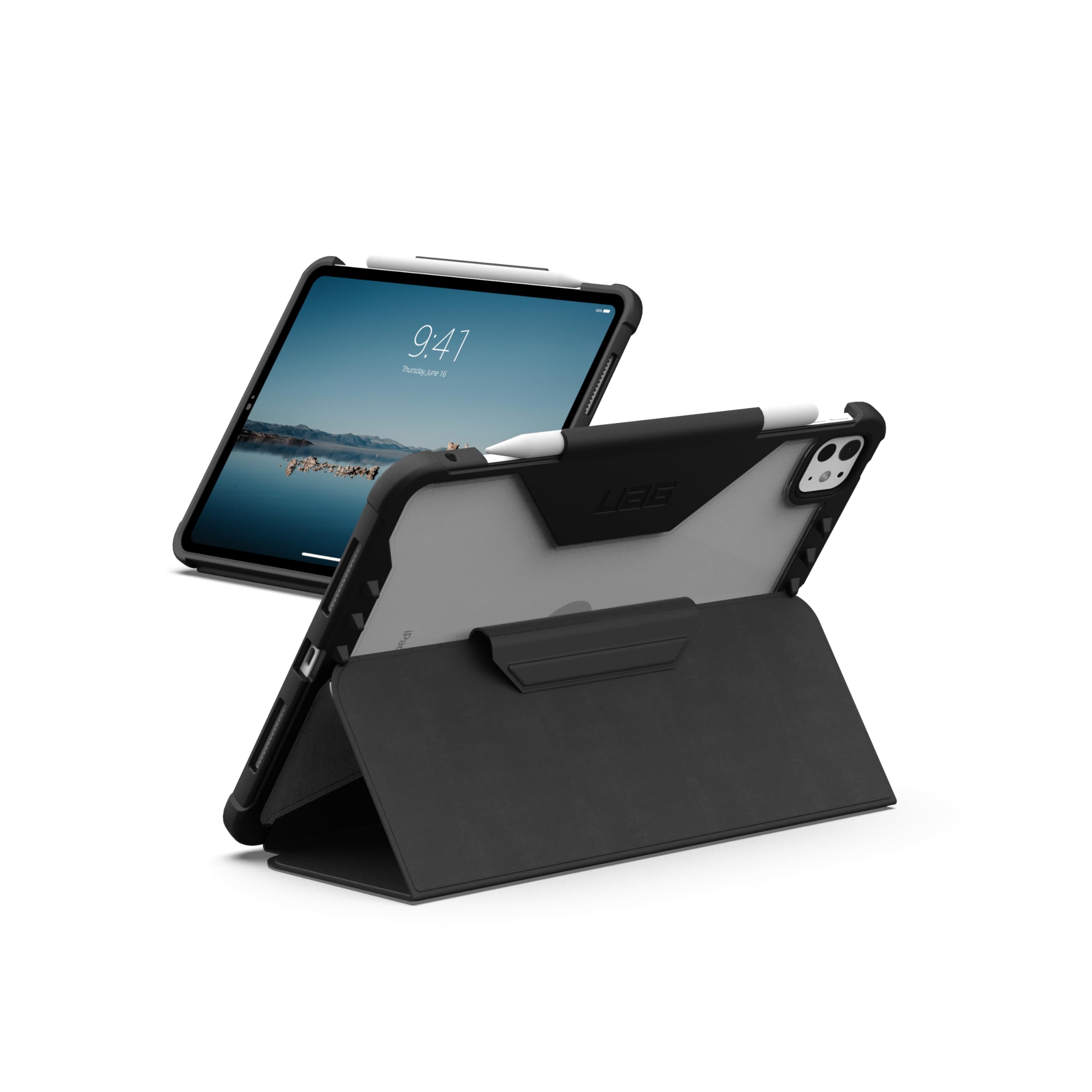 URBAN ARMOR GEAR Progettata per iPad Pro 11 (5a generazione, 2024, M4), robusta custodia protettiva a portafoglio con supporto regolabile multi-angolo e portamatite Plyo LT ghiaccio/nero