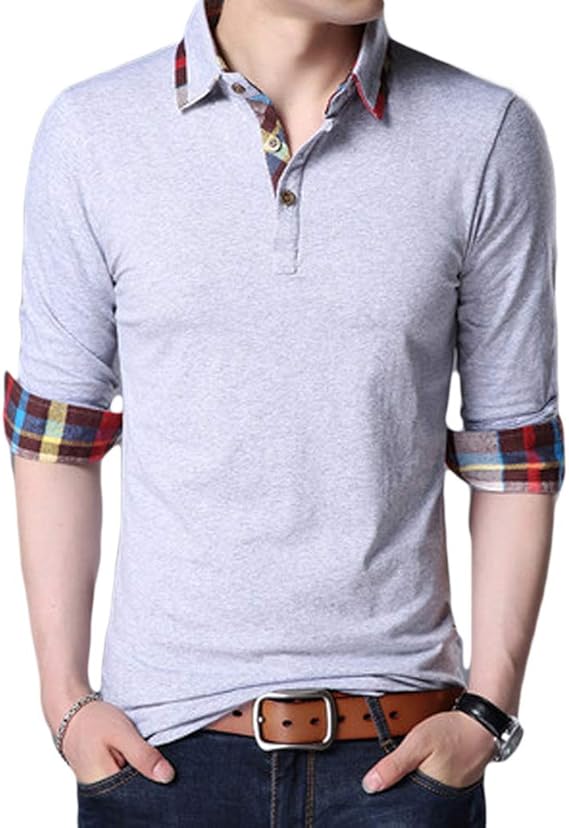 Amazon Habille ハビー メンズ 綿素材 ポロシャツ 赤チェック チェック柄切替 デザイン カジュアルトップス 長袖 大きいサイズ 春秋 2カラー ポロシャツ 通販