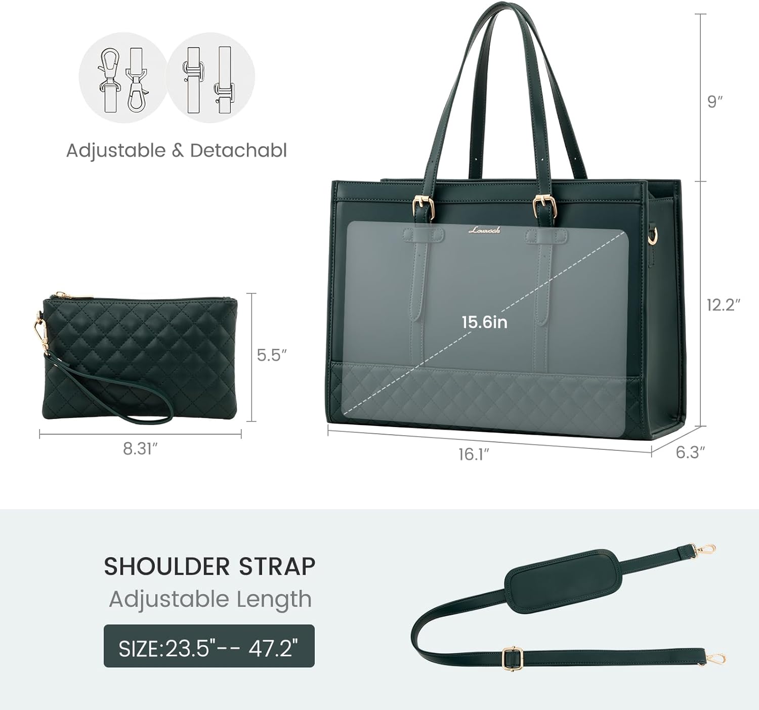 LOVEVOOK Laptop Bag for Women,15.6 inch Laptop Tote Bag Waterproof PU Leather Computer Bag Work Bags for Business Office, Large Capacity Laptop Purse Professional Work Tote Black - Image 3