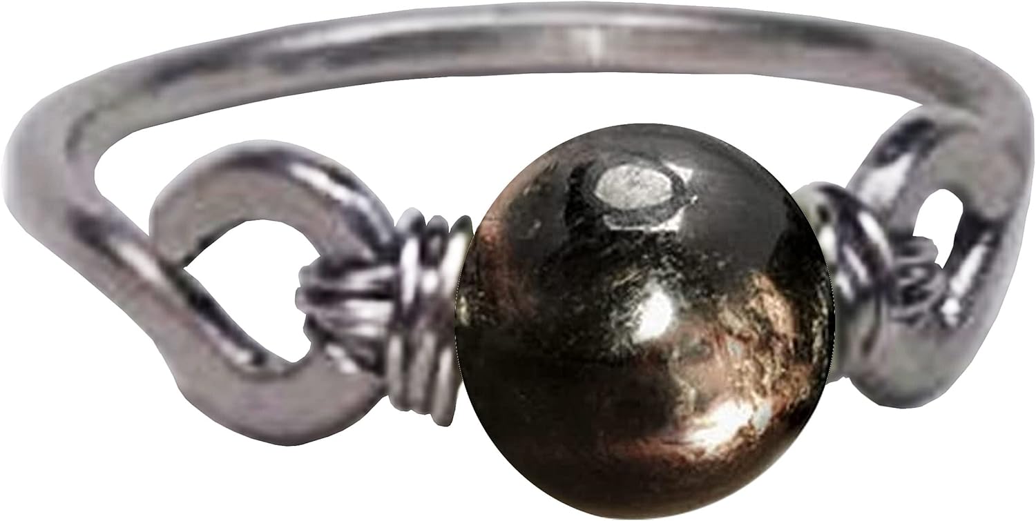 Aura Hypersthene 6mm Bead Ring in Stainless Steel- Silver-Bronze-Copper- Black Iron-Titanium-Niobium-14K Gold-14K Rose Gold Hand Hammered Ring Sizes 4-16