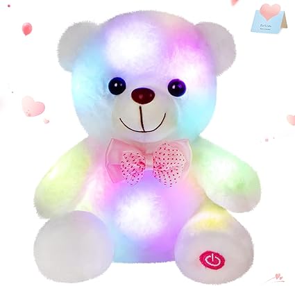 BSTAOFY Light up White Teddy Bear LED Stuffed Animal Soft Nightlight Glow Bear Plush Toy Gifts for Kids Mom Girls Birthday Christmas, 8" (White)