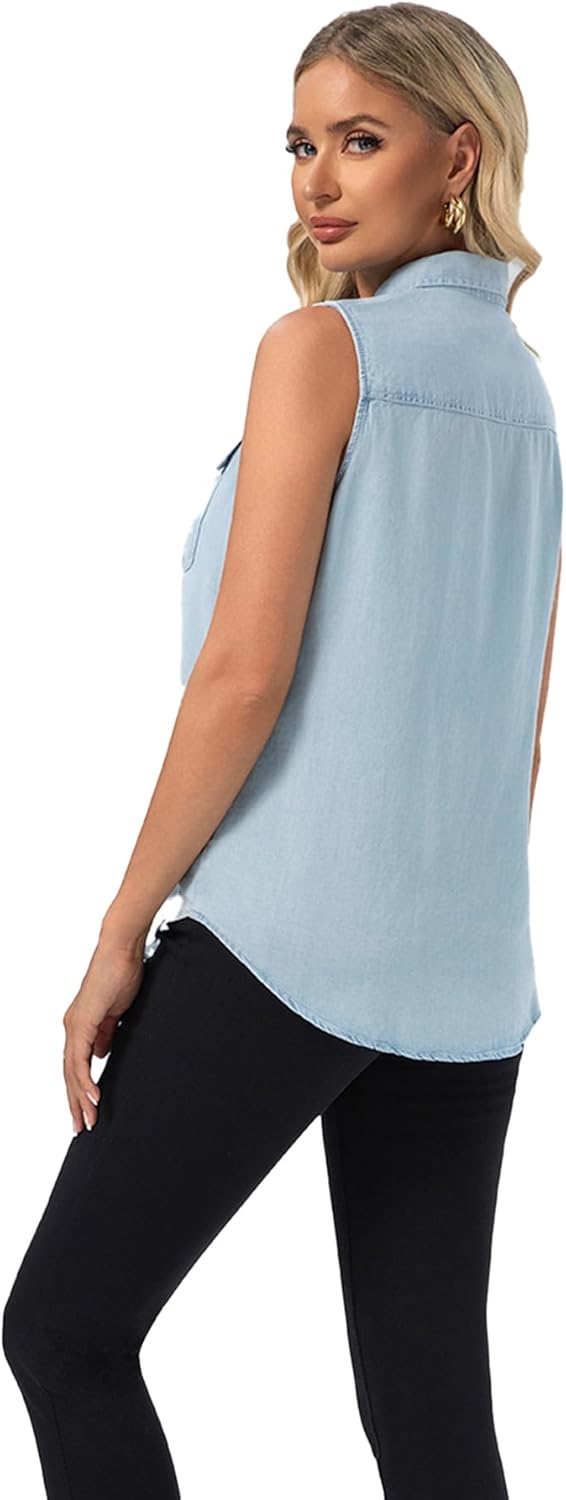 FASHIONSPARK Jean Sleeveless Collared Shirts for Women, Button Down Casual Blouse Women Denim Tank Top with Pockets - Image 2