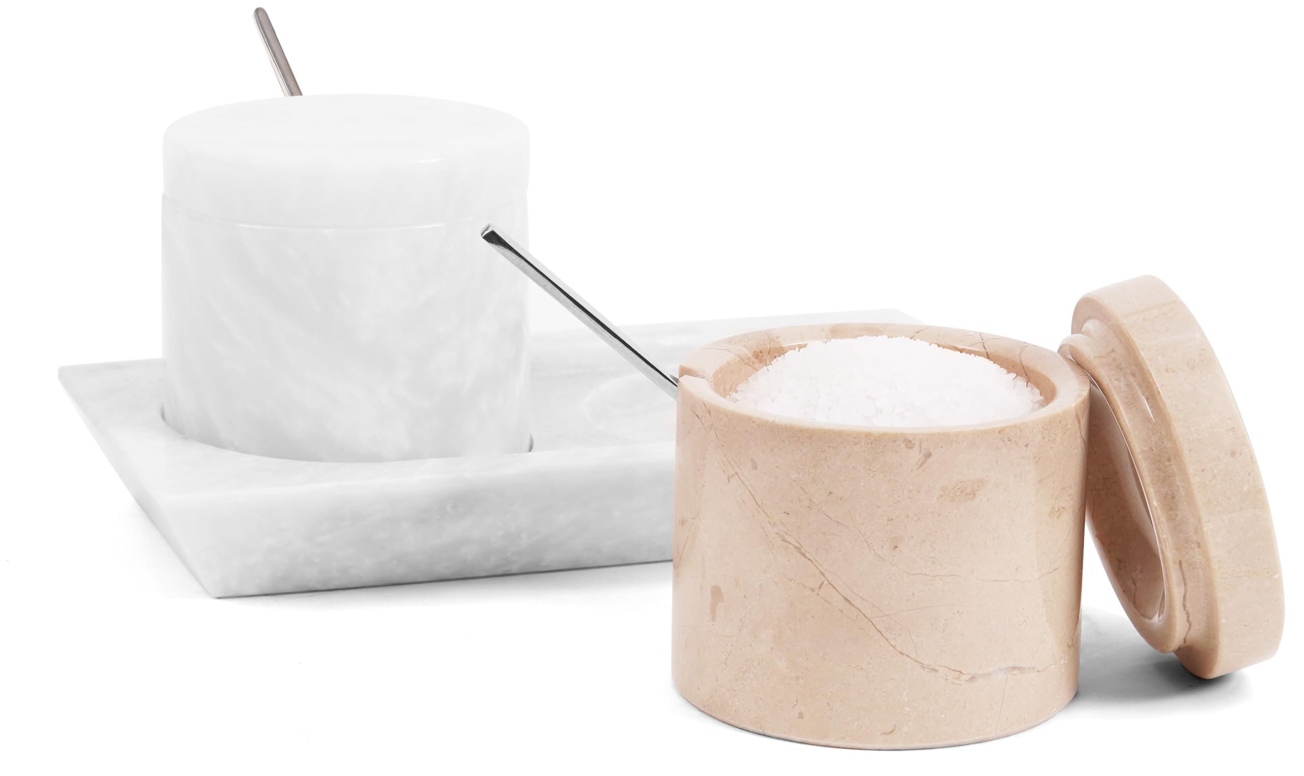 Radicaln Marble Salt Cellar with Lid and tray 3 Inch White and Verona Salt Container, Set of 2 Seasoning Jars, Spice Storage Container for Kitchen countertop, spice jars Sugar bowl