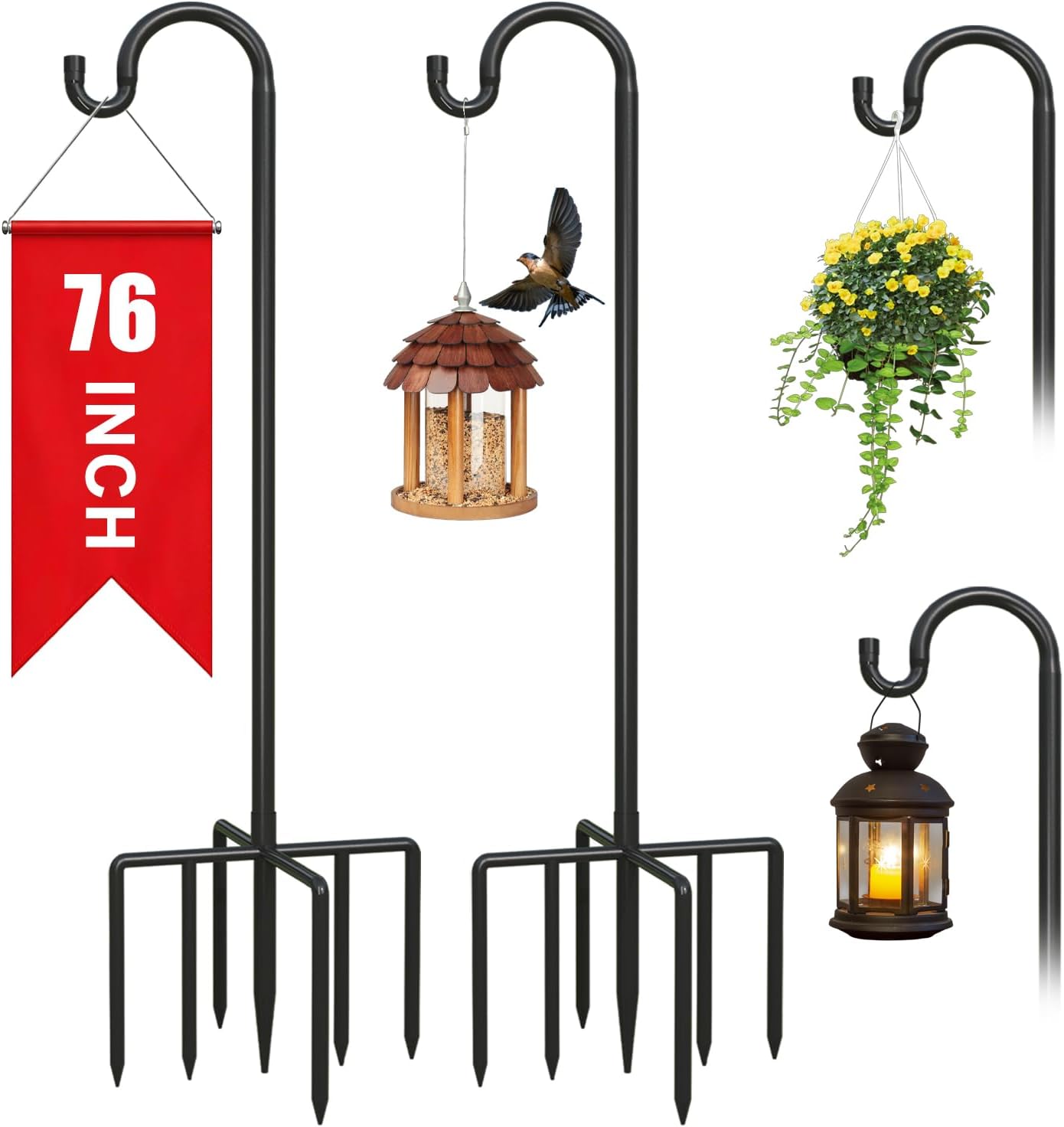2Pack 76 Inch Adjustable Shepherds Hooks for Outdoor, Heavy Duty Shepherds Hook for Bird Feeder with 7 Prongs Base, Metal Plant Hanger Pole for Hanging Baskets, Lanterns, Hummingbird Feeders