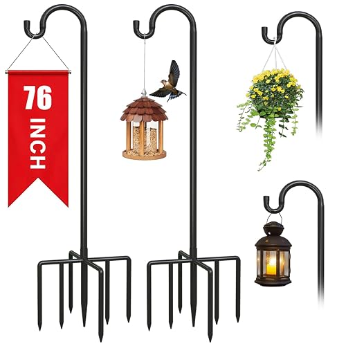 NSITEHALO 2Pack 76 Inch Adjustable Shepherds Hooks for Outdoor, Heavy Duty Shepherds Hook for Bird Feeder with 7 Prongs Base, Metal Plant Hanger Pole for Hanging Baskets, Lanterns, Hummingbird Feeders - 2PC 76in