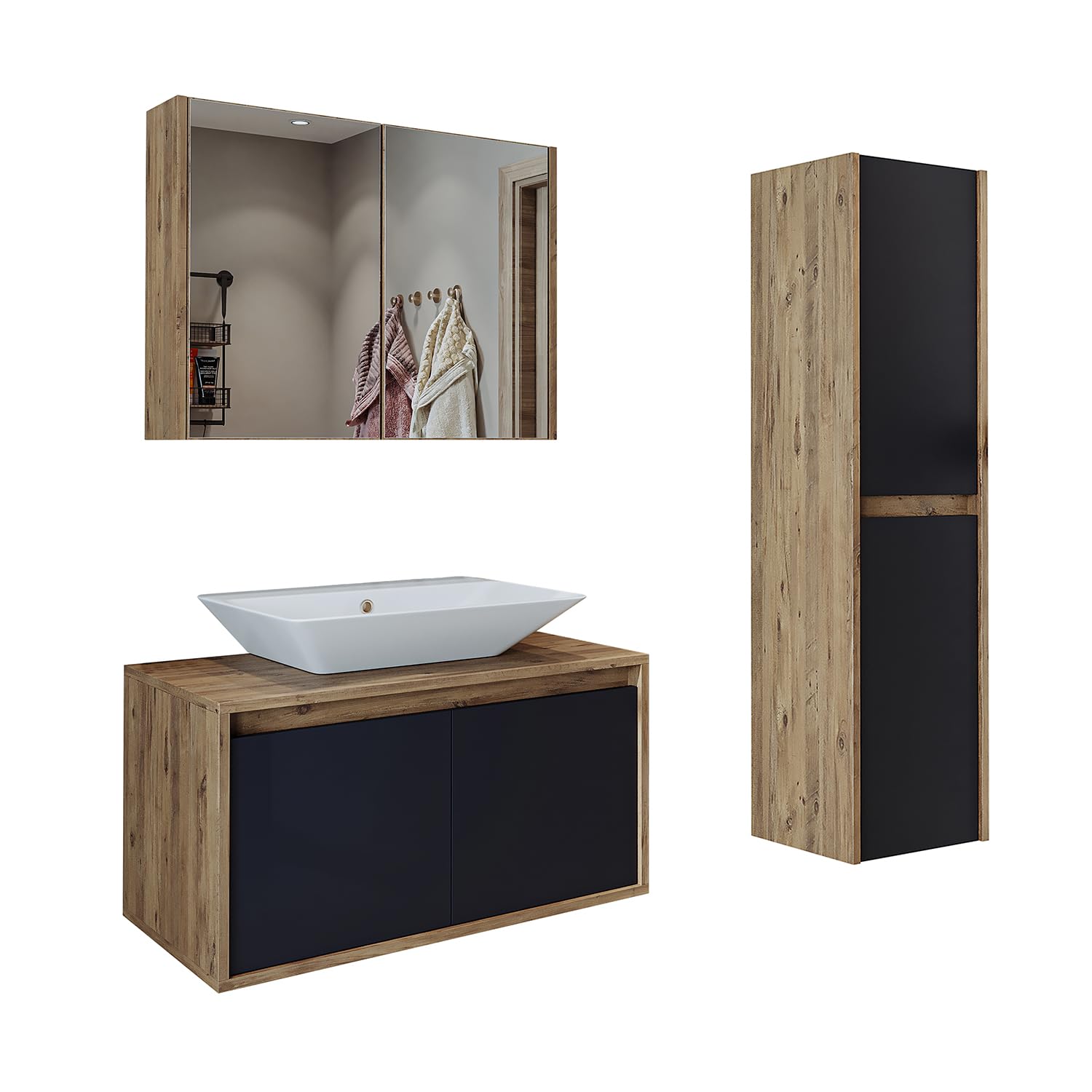 ROOMART • Badmöbel Set •Atlantic • 4 Teilig • 100 cm Unterschrank mit Keramikwaschbecken • Spiegelschrank • Hochscrank (Anthrazit Eiche)