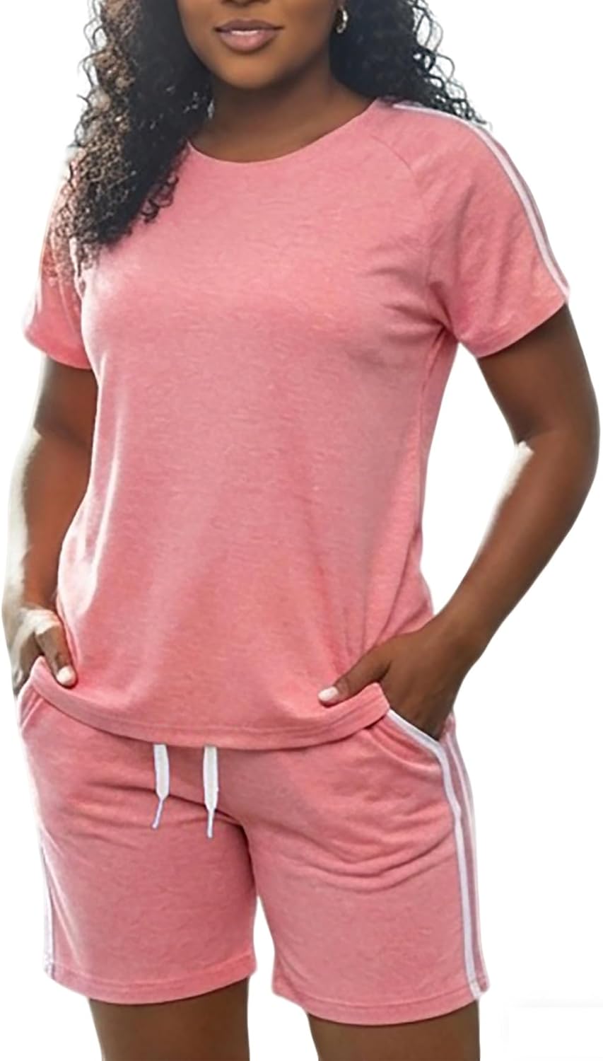 Womens Summer 2 Piece Outfits Lounge Short Sleeve Round Neck Tops and Shorts Set