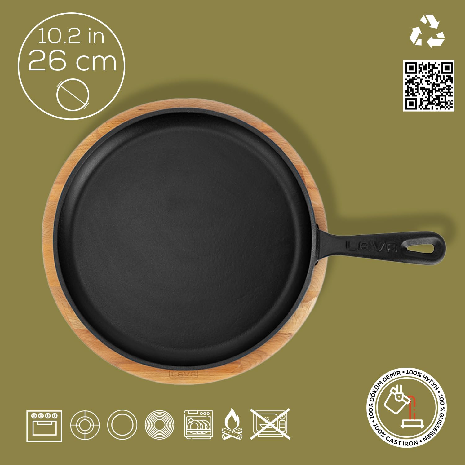 Lava Cast Crepes/Pizza/Pfannkuchen Pfanne rund mit Metallgriff und Holzunterlage, 26cm