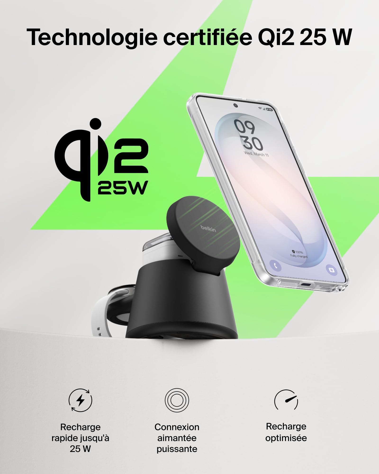 Belkin UltraCharge Station sans Fil 3-en-1 avec Qi2, 25 W - Noir | Chargeur Magnétique Qi2.2, USB-C, Chargeur Sans Fil Pour iPhone, Galaxy, Écouteurs, Montre Connectée, Adaptateur Secteur 45 W
