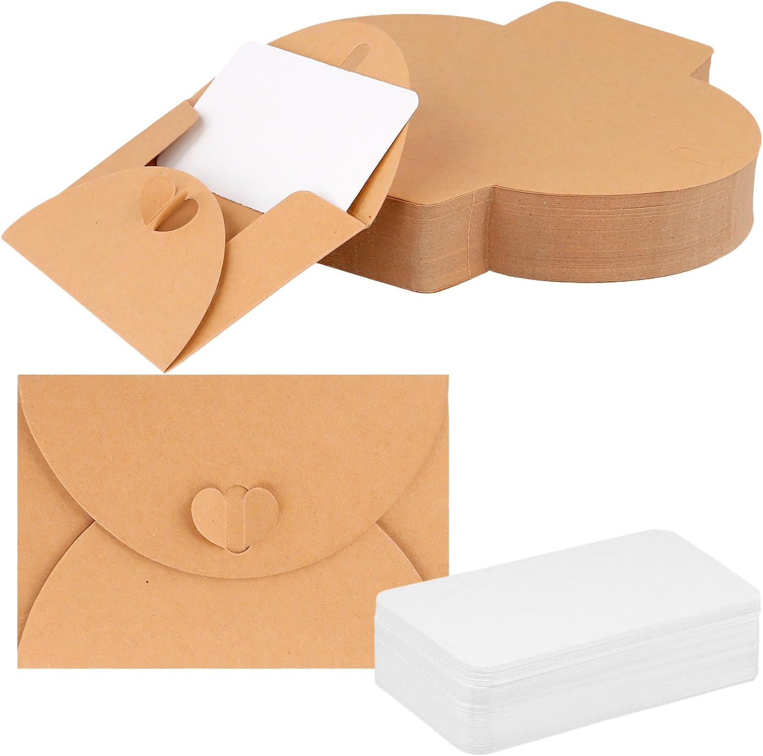 150 Pcs Mini Envelopes with Blank Cards Bulk, 4.1 x 2.8 Inch Kraft Paper Gift Card Holders with Heart Clasp for Wedding Invitations, Business Cards, Greeting Cards Mailing